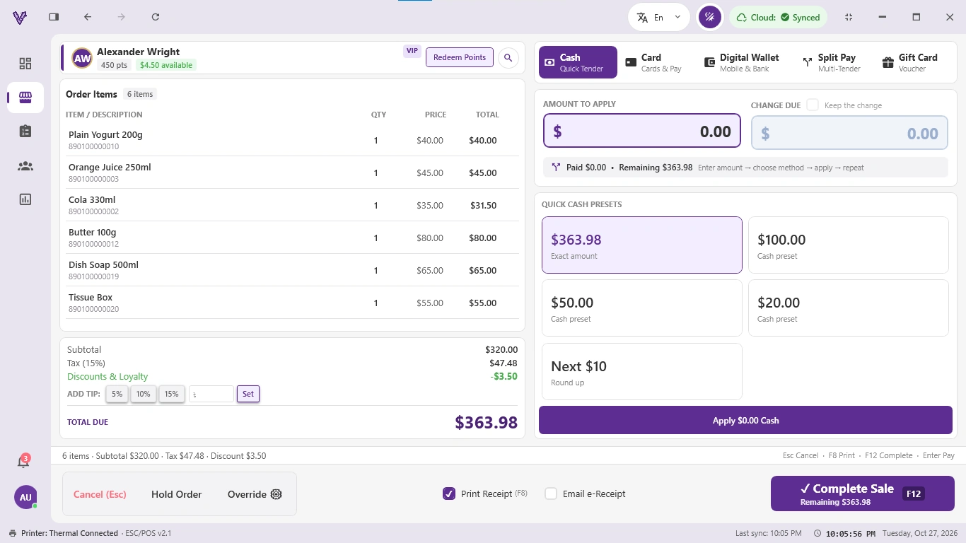 VendraPOS checkout screen
